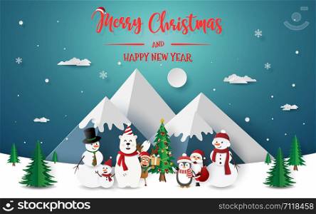 Paper art, Craft style of Christmas party with Santa Claus and friends at the snow mountain, Merry Christmas and Happy New Year