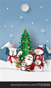 Paper art, Craft style of Christmas party with Santa Claus at snow mountain, Merry Christmas and Happy New Year