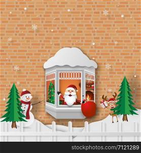 Paper art, Craft style of Christmas party with Santa Claus at the window, Merry Christmas and Happy New Year