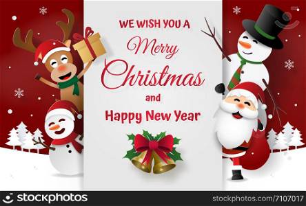 Paper art, Craft style of Christmas party with Santa Claus, Snowman and reindeer on card invitation, Merry Christmas and Happy New Year