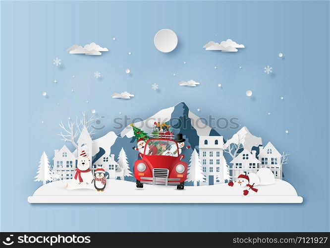 Paper art, Craft style of Christmas red car in the village, Merry Christmas and Happy New Year