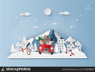 Paper art, Craft style of Christmas red car in the village, Merry Christmas and Happy New Year