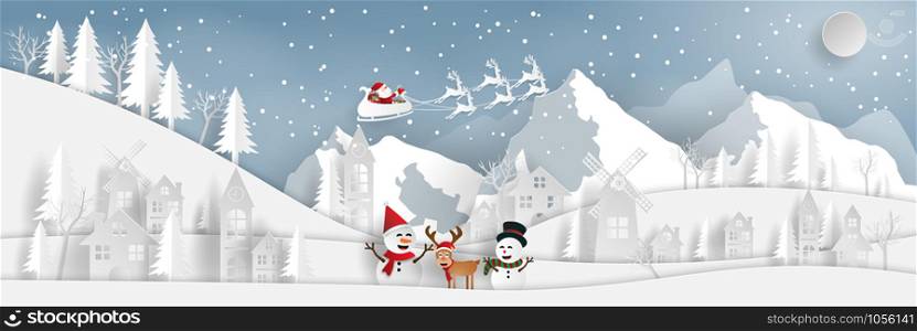 Paper art, Craft style of Countryside Landscape Santa Claus and snowman in village with snow mountain, Merry Christmas and Happy New Year