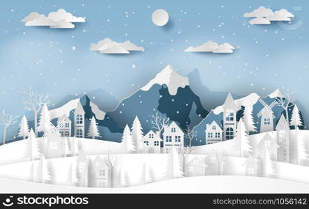 Paper art, Craft style of Landscape countryside village at snow valley in winter season, Merry Christmas and Happy New Year