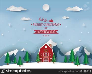 Paper art, Craft style of Red house in snow mountain, Merry Christmas and Happy New Year