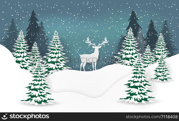 Paper art, Craft style of Reindeer in pine forest with snowing, Merry Christmas and Happy New Year