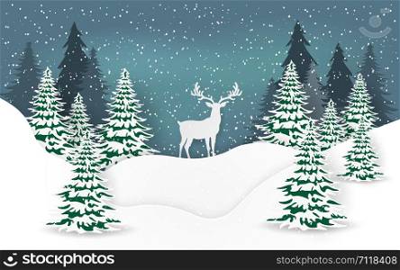 Paper art, Craft style of Reindeer in pine forest with snowing, Merry Christmas and Happy New Year