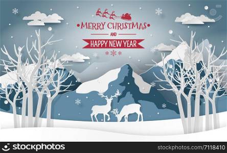 Paper art, Craft style of Reindeers in the snow valley with snowing, Merry Christmas and Happy New Year