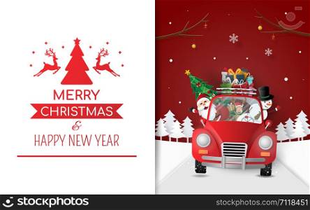 Paper art, Craft style of Santa Claus and friends in red car carrying gifts and Christmas tree, Merry Christmas and Happy New Year