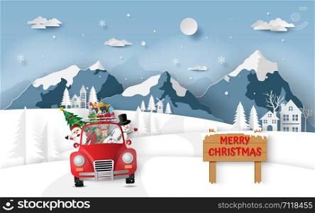 Paper art, Craft style of Santa Claus and friends in red car driving through the village, Merry Christmas and Happy New Year