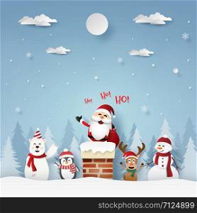 Paper art, Craft style of Santa Claus and friends on the roof with chimney, Merry Christmas and Happy New Year