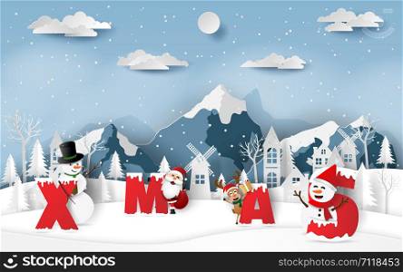 Paper art, Craft style of Santa Claus and friends with word XMAS in village countryside, Merry Christmas and Happy New Year