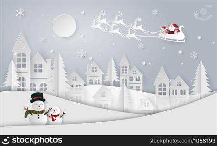 Paper art, craft style of Santa Claus and reindeer coming to the village to give children a gift with snowing, Merry Christmas and Happy New Year