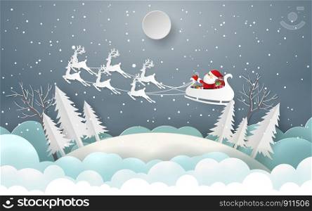 Paper art, Craft style of Santa Claus and reindeer flying on the sky to give children a gift, Merry Christmas and Happy New Year