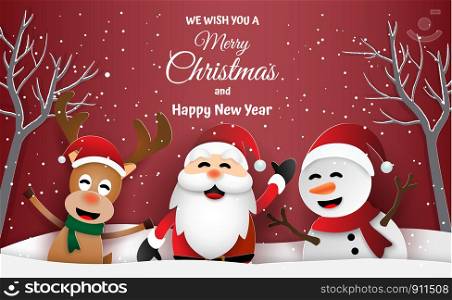 Paper art, Craft style of Santa Claus, Snowman and Reindeer in winter season, Merry Christmas and Happy New Year