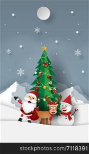 Paper art, Craft style of Santa Claus with friends with Christmas tree at snow mountain, Merry Christmas and Happy New Year