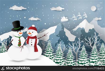Paper art, Craft style of Snowman looking at Santa Claus in the snow mountain, Merry Christmas and Happy New Year
