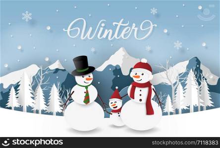 Paper art, Craft style of Snowman's family in Christmas day, Winter season, Merry Christmas and Happy New Year