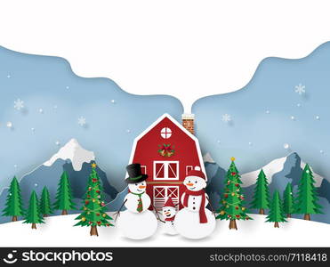 Paper art, Craft style of Snowman's family with red house in Christmas day, Merry Christmas and Happy New Year