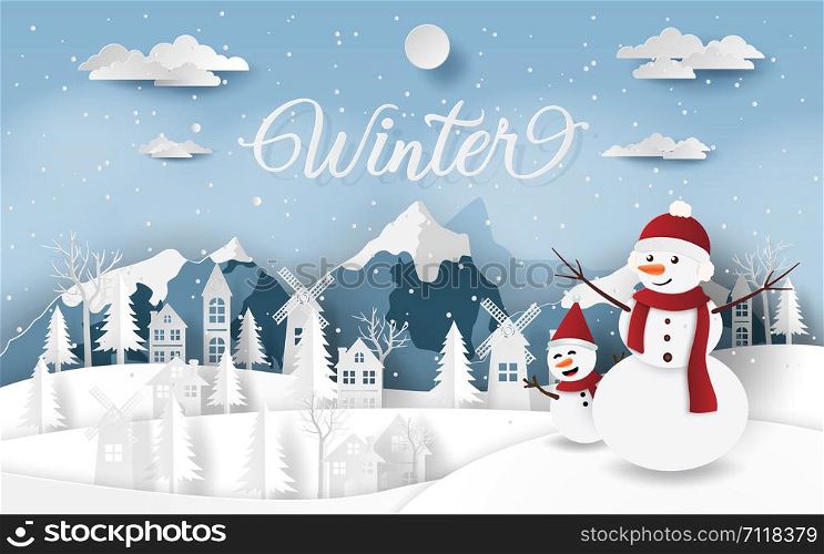 Paper art, Craft style of Snowmen in countryside village at snow valley in winter season, Merry Christmas and Happy New Year