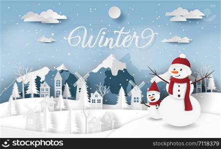 Paper art, Craft style of Snowmen in countryside village at snow valley in winter season, Merry Christmas and Happy New Year