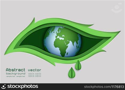 Paper art design of green nature concept,The eye in leaf shape abstract background,vector illustration