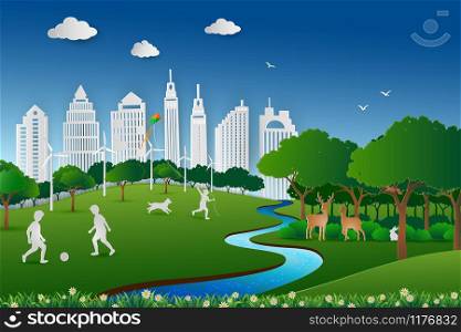 Paper art design of nature landscape,save the environment and energy concept,childs happy and relax in the city park,vector illustration