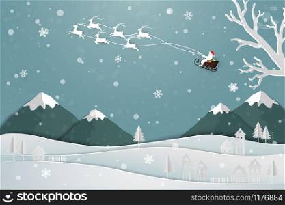 Paper art design with Santa Claus floating over the village in winter season,snow on soft blue background for greeting card,poster,celebration party,Christmas holiday or new year,vector illustration