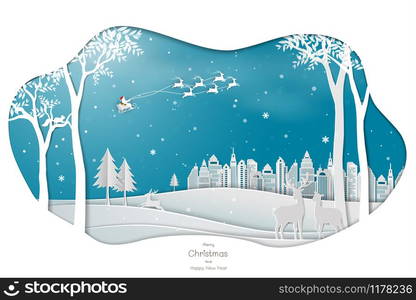 Paper art design with Santa Clause coming to town on blue background for Christmas holiday,happy new year,celebration party or greeting card,vector illustration