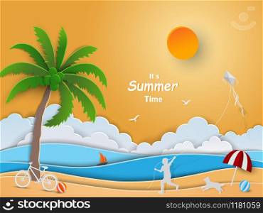 Paper art design with summer time concept,happy child playing kite on the beach,vector illustration