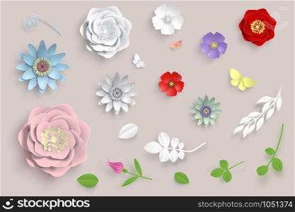 Paper art flowers set. 3d origami flowers, leaves and butterfly. Vector stock illustration. Vector paper art flowers set. 3d origami flowers, leaves and butterfly. Stock illustration