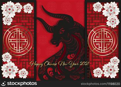 Paper art Happy chinese new year 2021, Zodiac sign, year of ox with flowers element on red background with yellow gold and black frame.