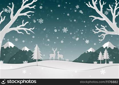 Paper art landscape with deer family and snowflakes in the forest,Icons of winter season abstract background,vector illustration