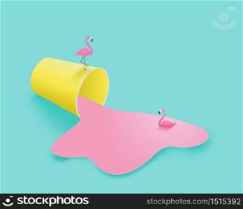 Paper art made flamingo and the upside down cup on background in paper cut style. Digital craft paper art hello summer concept.