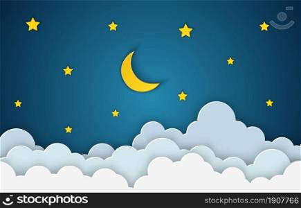 Paper art moon, fluffy clouds and stars in midnight. paper cut and craft style. vector, illustration. 3D abstract background. paper cut shapes.. Paper art moon,