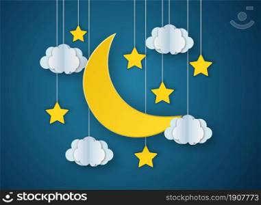 Paper art moon,star and cloud in midnight. paper cut and craft style. vector, illustration. 3D abstract background. paper cut shapes.. Paper art moon,