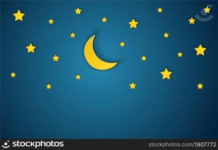 Paper art moon, stars in midnight. paper cut and craft style. vector, illustration. 3D abstract background. paper cut shapes.. Paper art moon,