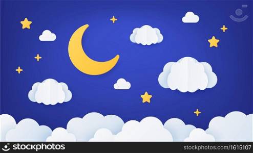 Paper art night sky. Origami dream landscape scene with moon, stars and clouds. Paper cut cartoon decoration for baby sleep, vector concept. Illustration paper cartoon, night decoration with stars. Paper art night sky. Origami dream landscape scene with moon, stars and clouds. Paper cut cartoon decoration for baby sleep, vector concept