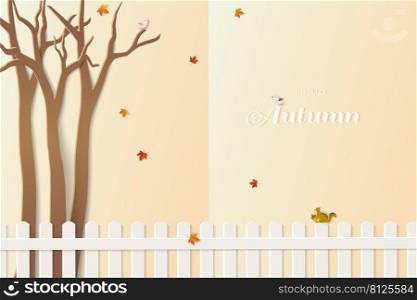 Paper art of autumn or fall landscape background with cute squirrel and birds happy in the garden,vector illustration