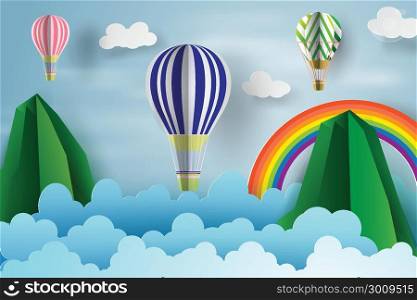 Paper art of Balloon floating over the sky and rianbow.vector illustration