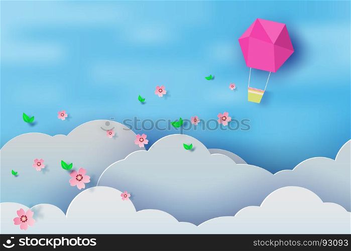 Paper art of balloon on blue sky background,vector