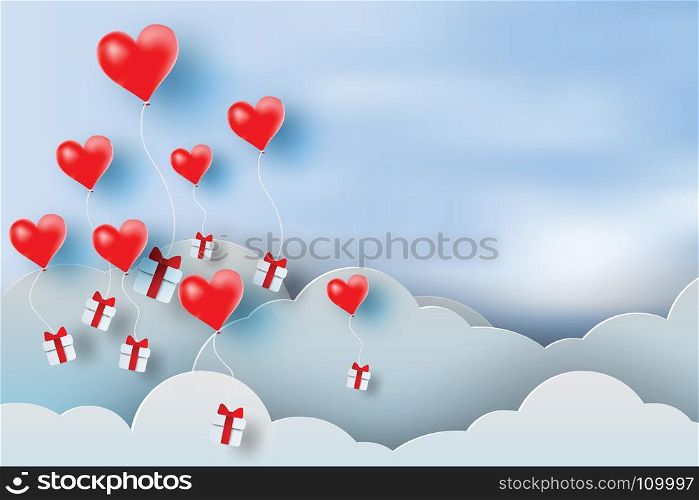 paper art of balloon red heart floating and Gift Box on in the air blue sky background,Christmas,Festival,vector