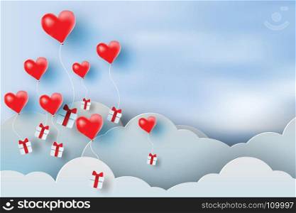 paper art of balloon red heart floating and Gift Box on in the air blue sky background,Christmas,Festival,vector