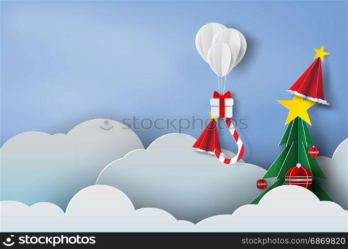 Paper art of balloon white and Gift Box on in the air blue sky background,Christmas,Festival,vector
