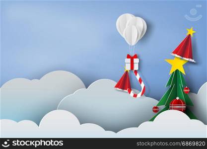 Paper art of balloon white and Gift Box on in the air blue sky background,Christmas,Festival,vector