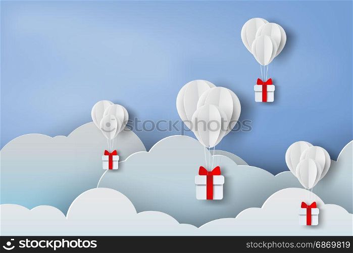 paper art of balloon white floating and Gift Box on in the air blue sky background,Christmas,Festival,vector