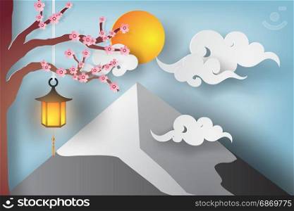 Paper art of Beautiful landscape with sakura branch and flowers, clouds and fuji mountain.vector and illustration design