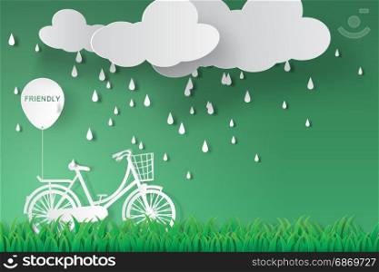 paper art of bicycle in green garden with rainy season,friendly,vector