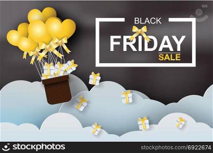 Paper art of black friday balloon with heart,yellow,black,vector