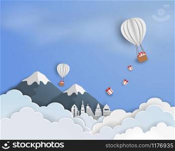 Paper art of blue sky background with white balloon and gift box floating in the air,vector illustration